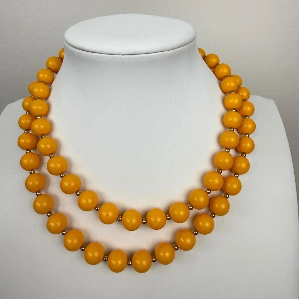 Vintage Yellow Bead Necklace Gold Tone Spacer Single Strand Retro Round Plastic